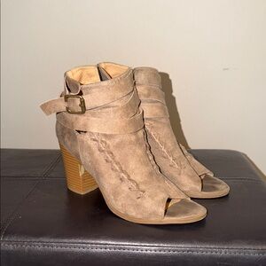 Diba Taupe Suede Open-Toe Ankle Booties with Wrap Strap